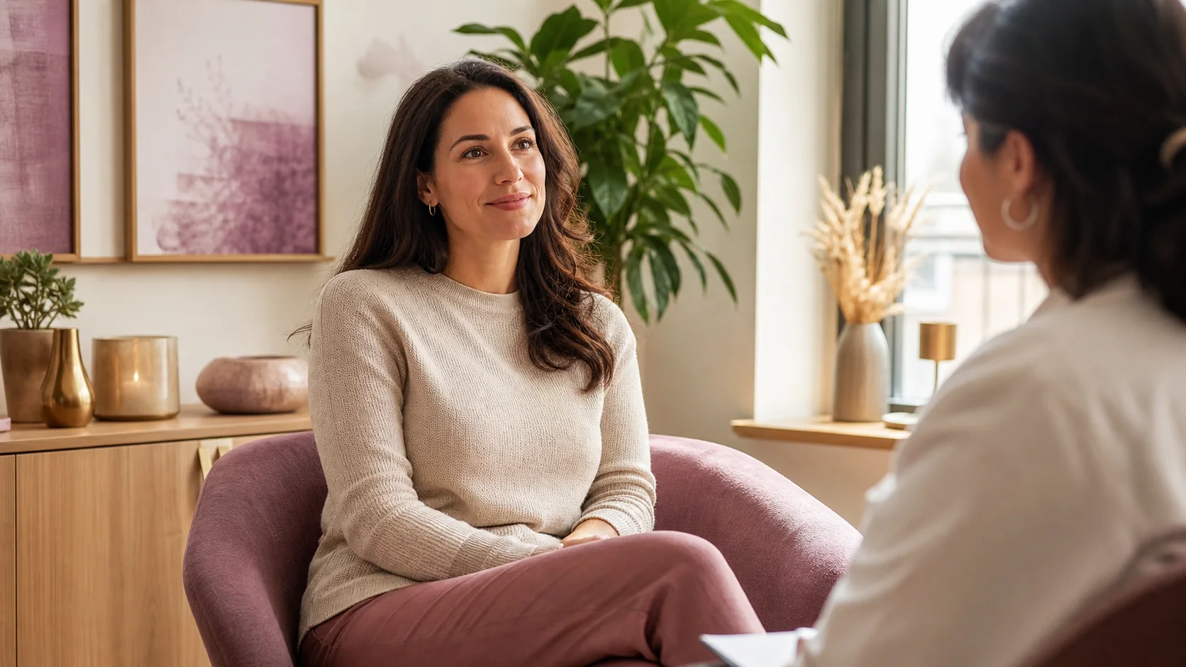 A woman sits comfortably during a respectful clinic conversation in warm light.