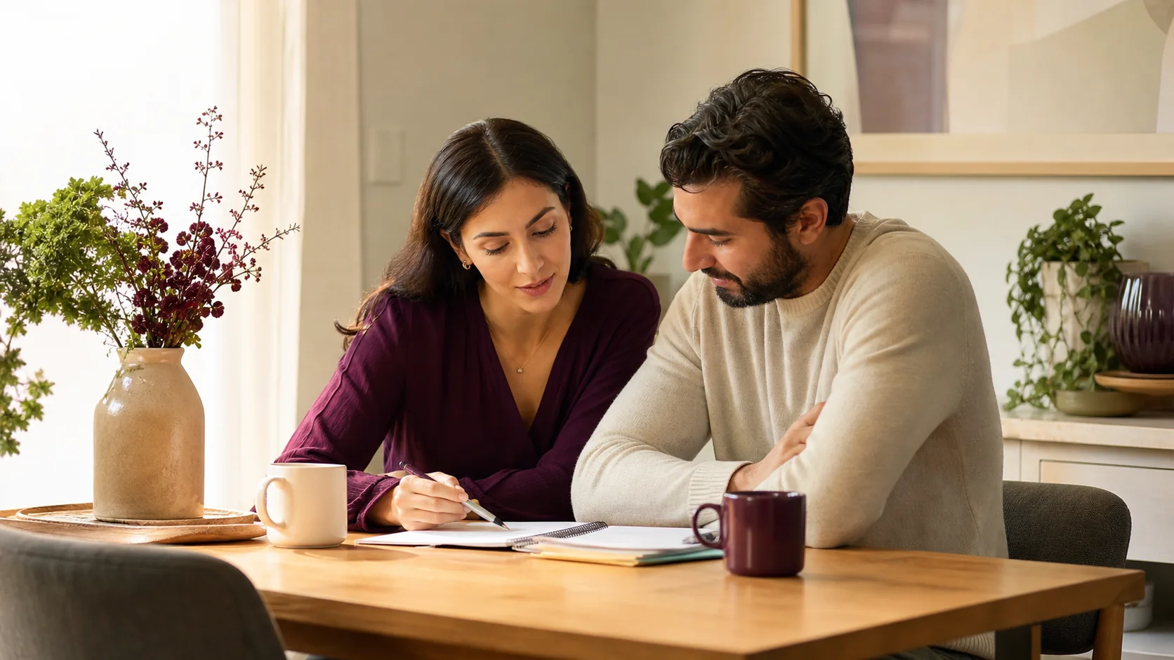 A couple calmly reviews notes together at a sunlit table with warm mugs.