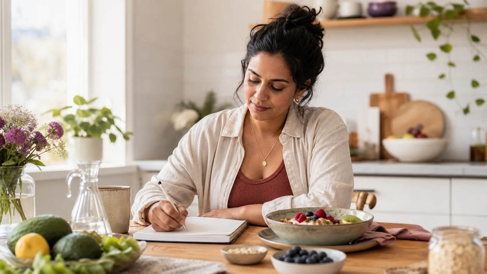 A woman writes in a notebook beside a nourishing breakfast in a bright kitchen.